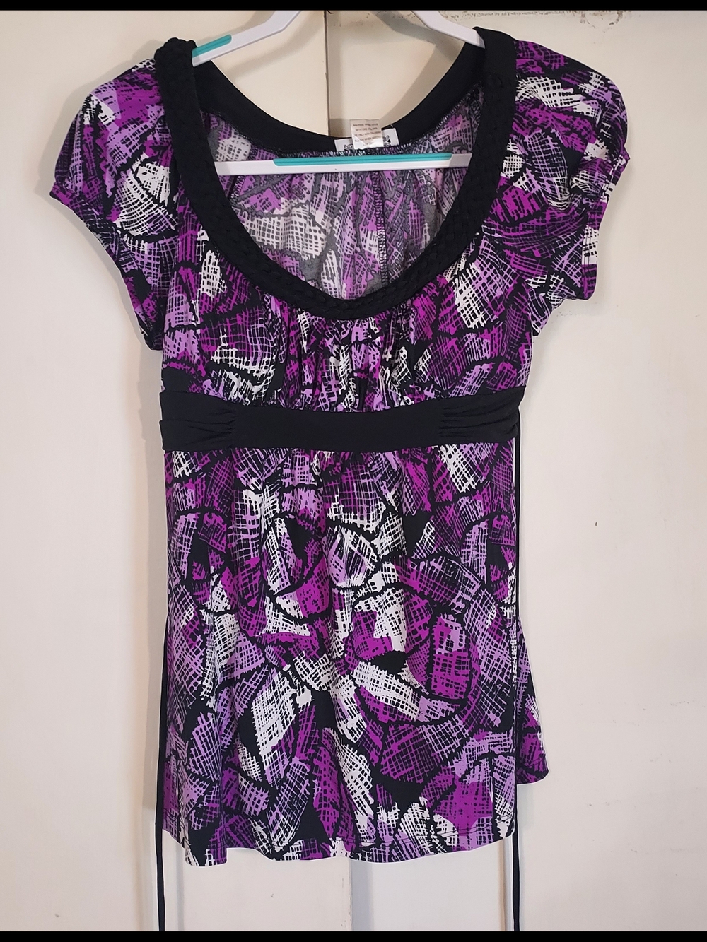 Trixxi Purple and Black Abstract Short Sleeve Top Large Womens